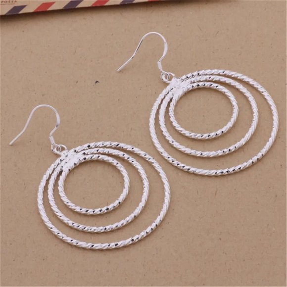Gorgeous 3 Circles Hanging Earrings, Solid Sterling Silver "Hypoallergenic" - Picture 2 of 9